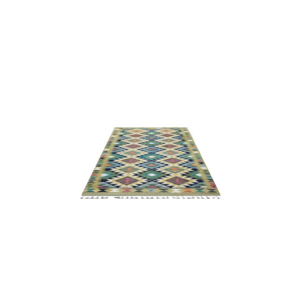 Afghan Kilim Runner 3x7 | Olive Green, Navy & Gold | Hand-Woven Wool Flatweave | True-Size 3D Rug | View in Your Room