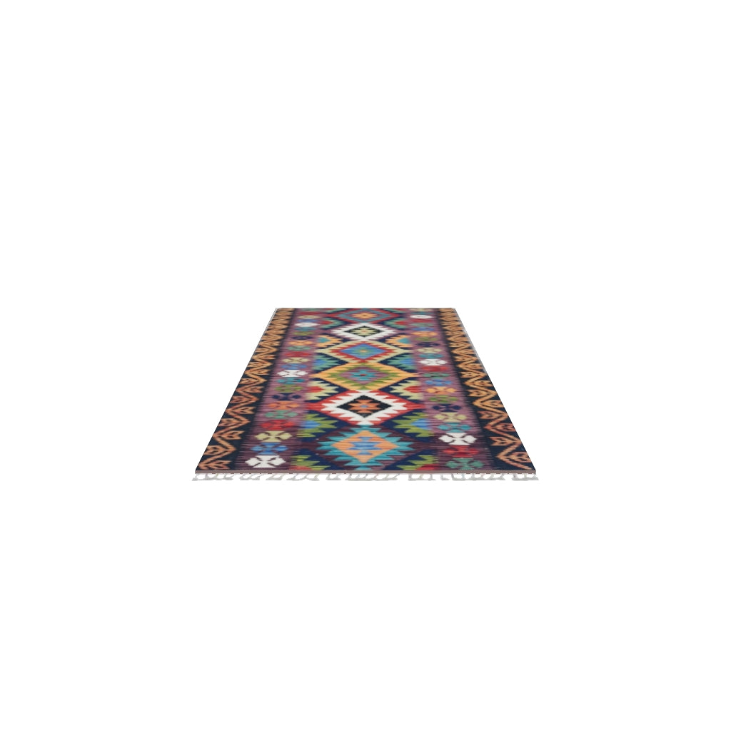 Afghan Kilim Runner 3x6 | Black, Red & Orange | Hand-Woven Wool Flatweave | True-Size 3D Rug | View in Your Room