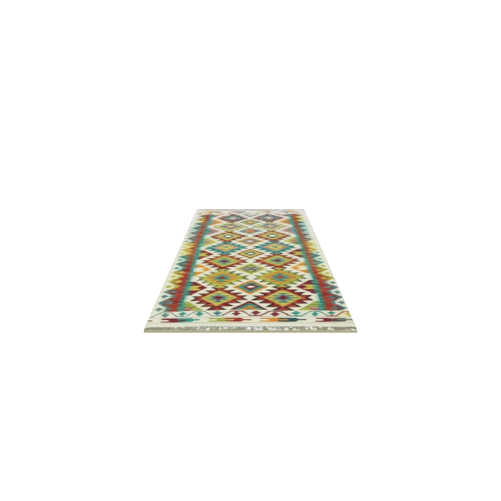Afghan Kilim Runner 3x8 | Ivory, Rust & Teal | Hand-Woven Wool Flatweave | True-Size 3D Rug | View in Your Room