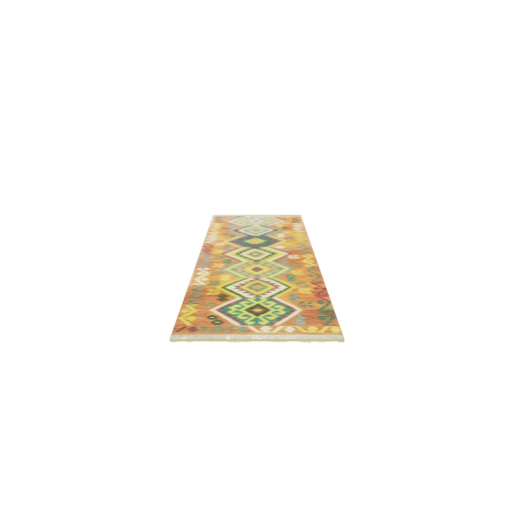 Afghan Kilim Runner 3x10 | Orange, Teal & Yellow | Hand-Woven Wool Flatweave | True-Size 3D Rug | View in Your Room