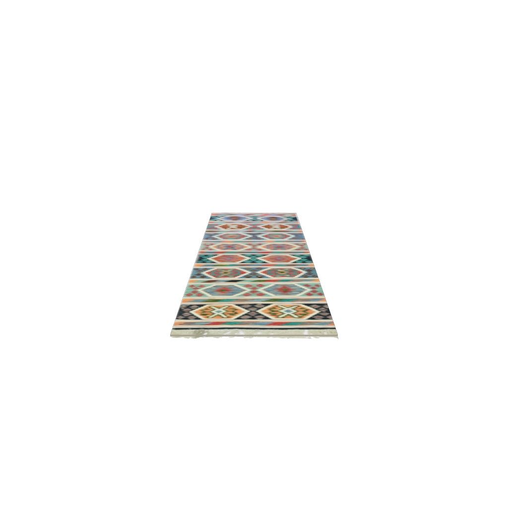 Afghan Kilim Runner 3x10 | Navy, Rust & Teal | Hand-Woven Wool Flatweave | True-Size 3D Rug | View in Your Room