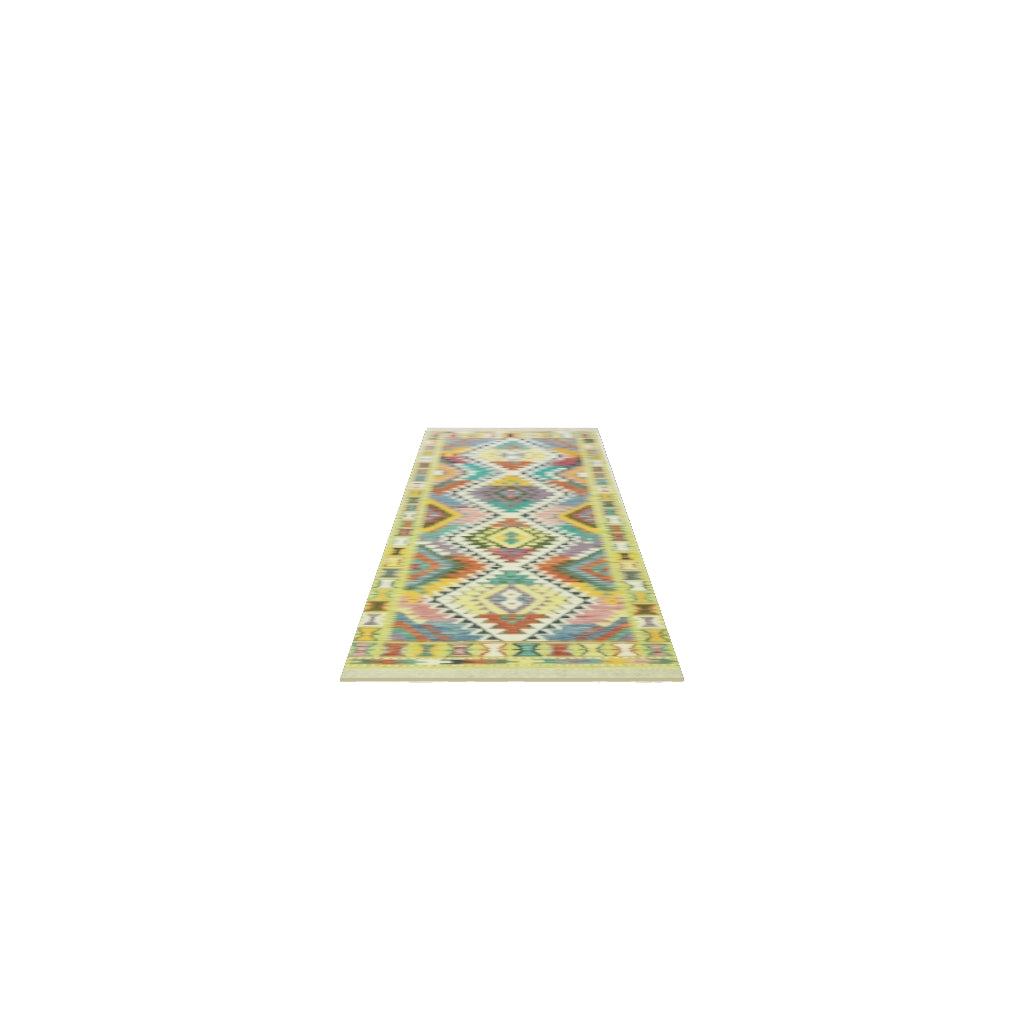 Afghan Kilim Runner 3x10 | Olive Green, Teal & Ivory | Hand-Woven Wool Flatweave | True-Size 3D Rug | View in Your Room