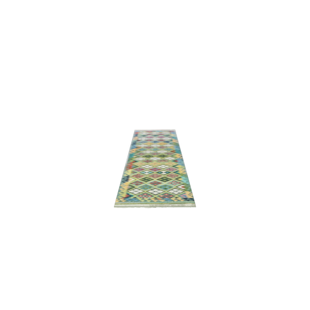 Afghan Kilim Runner 3x13 | Teal, Green & Olive Green | Hand-Woven Wool Flatweave | True-Size 3D Rug | View in Your Room