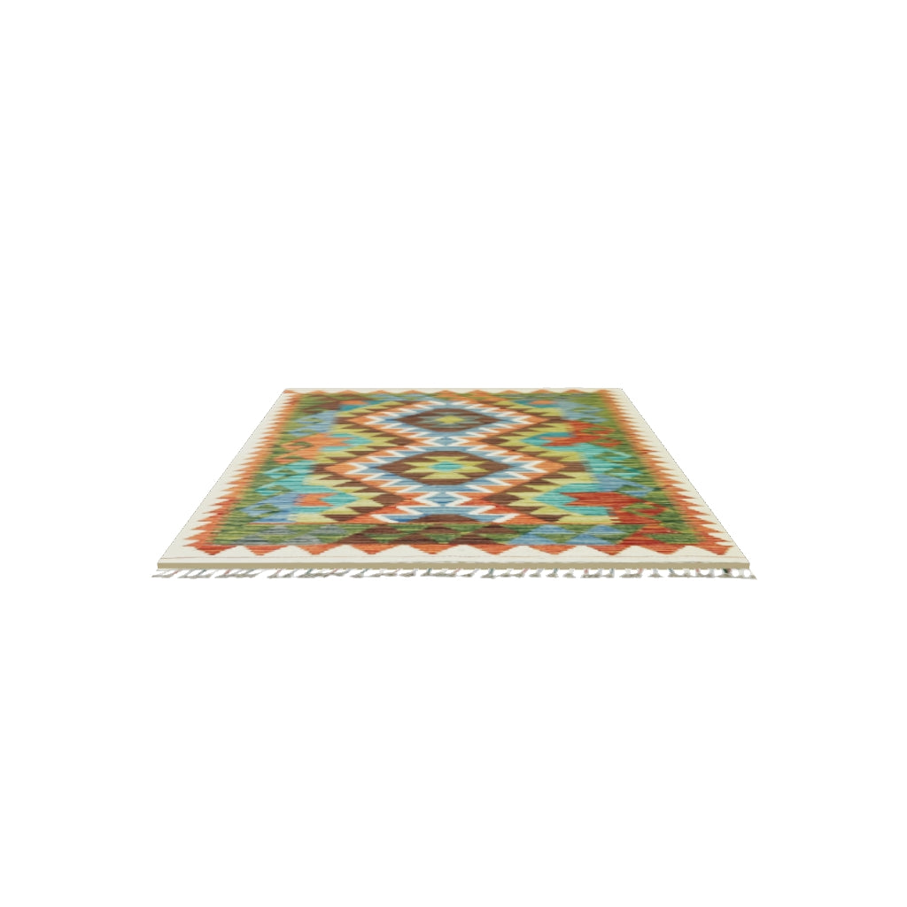 Afghan Kilim Rug 3x4 | Rust, Olive Green & Ivory | Hand-Woven Wool Flatweave | True-Size 3D Rug | View in Your Room