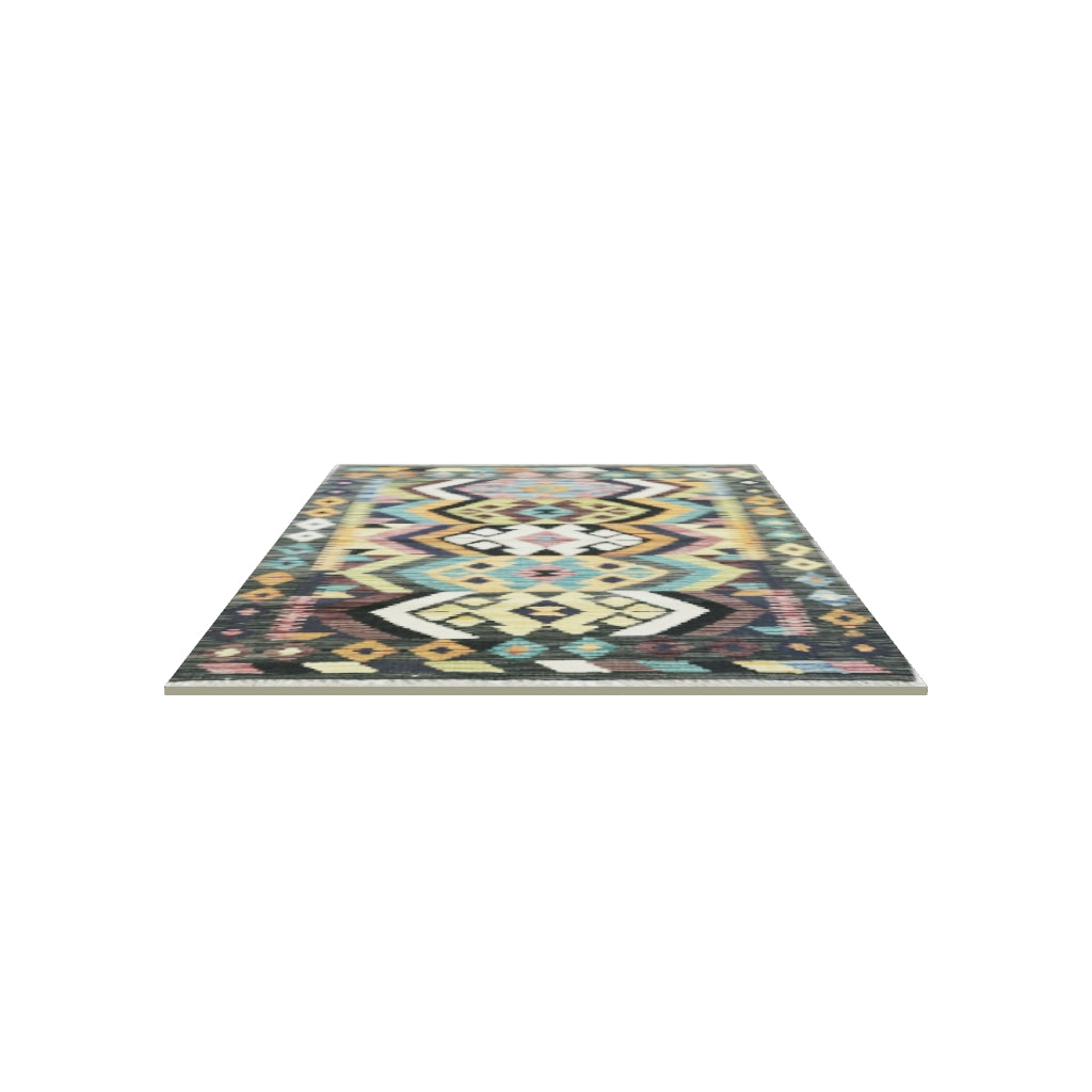 Afghan Kilim Rug 3x4 | Black, Teal & Orange | Hand-Woven Wool Flatweave | True-Size 3D Rug | View in Your Room