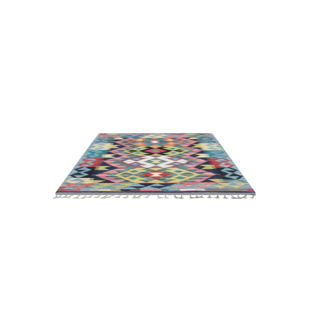 Afghan Kilim Rug 3x4 | Blue, Pink & Gold | Hand-Woven Wool Flatweave | True-Size 3D Rug | View in Your Room
