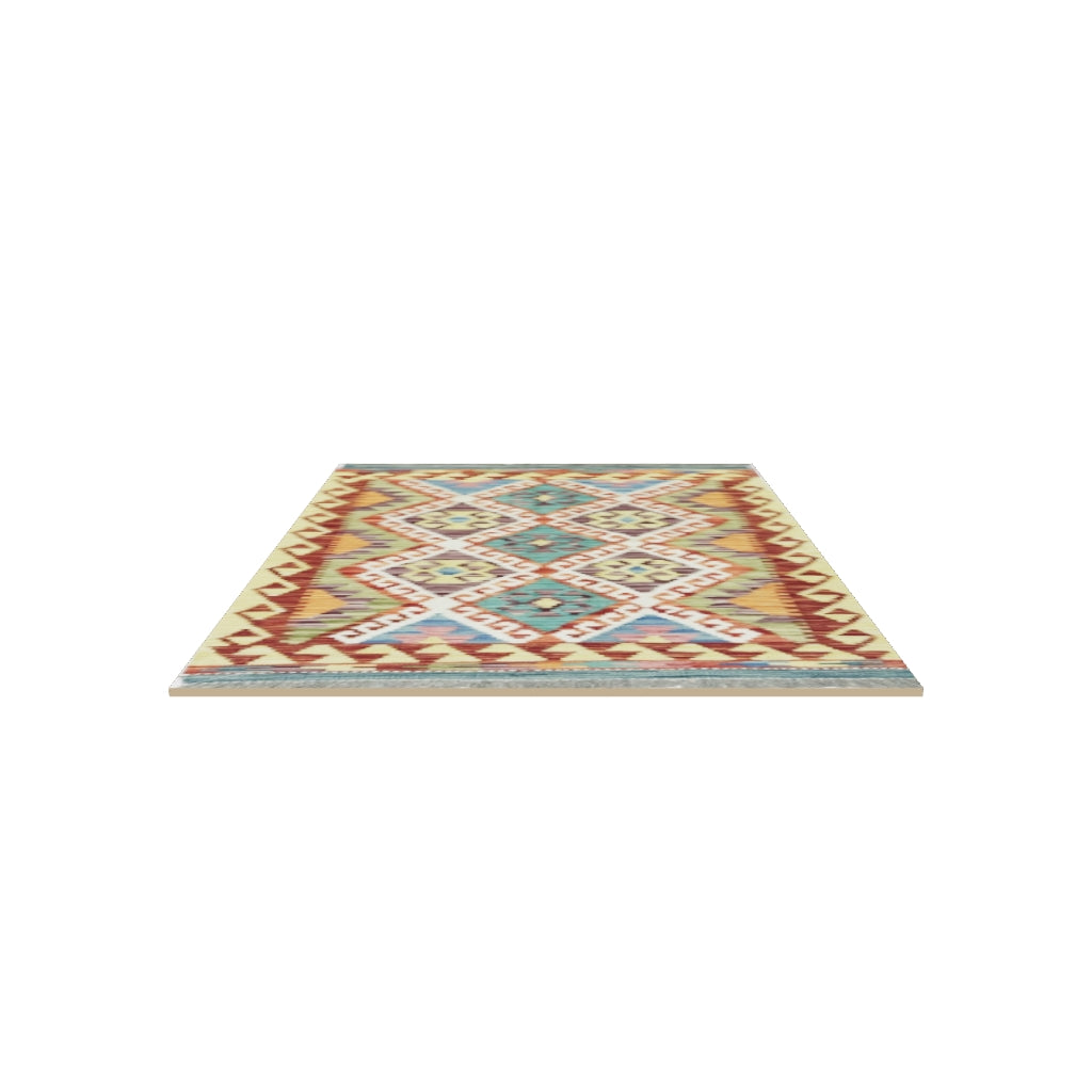 Afghan Kilim Rug 3x4 | Rust, Gold & Teal | Diamond Lattice Wool Flatweave | True-Size 3D Rug | View in Your Room
