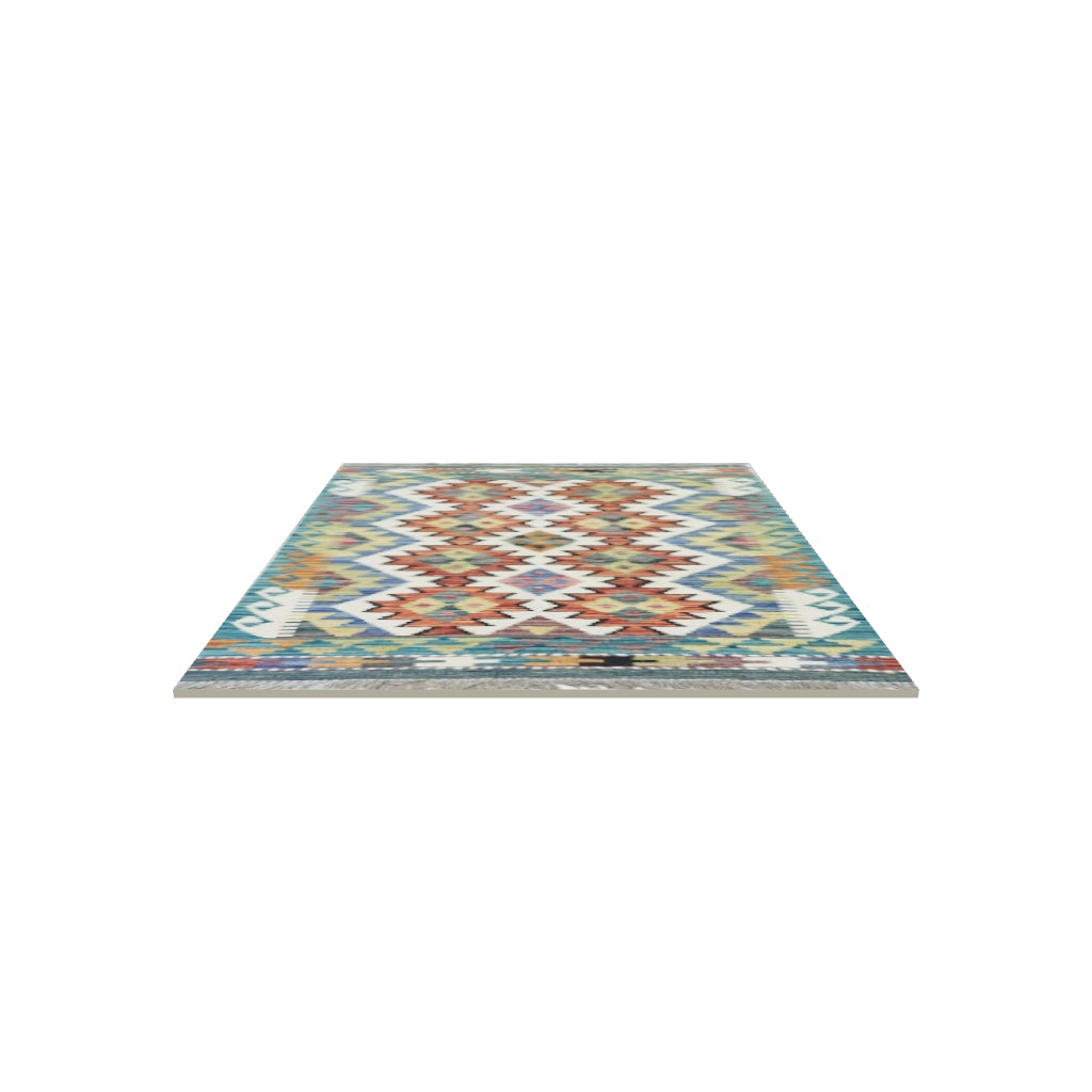 Afghan Kilim Rug 3x4 | Teal, Rust & Ivory | Diamond Lattice Wool Flatweave | True-Size 3D Rug | View in Your Room
