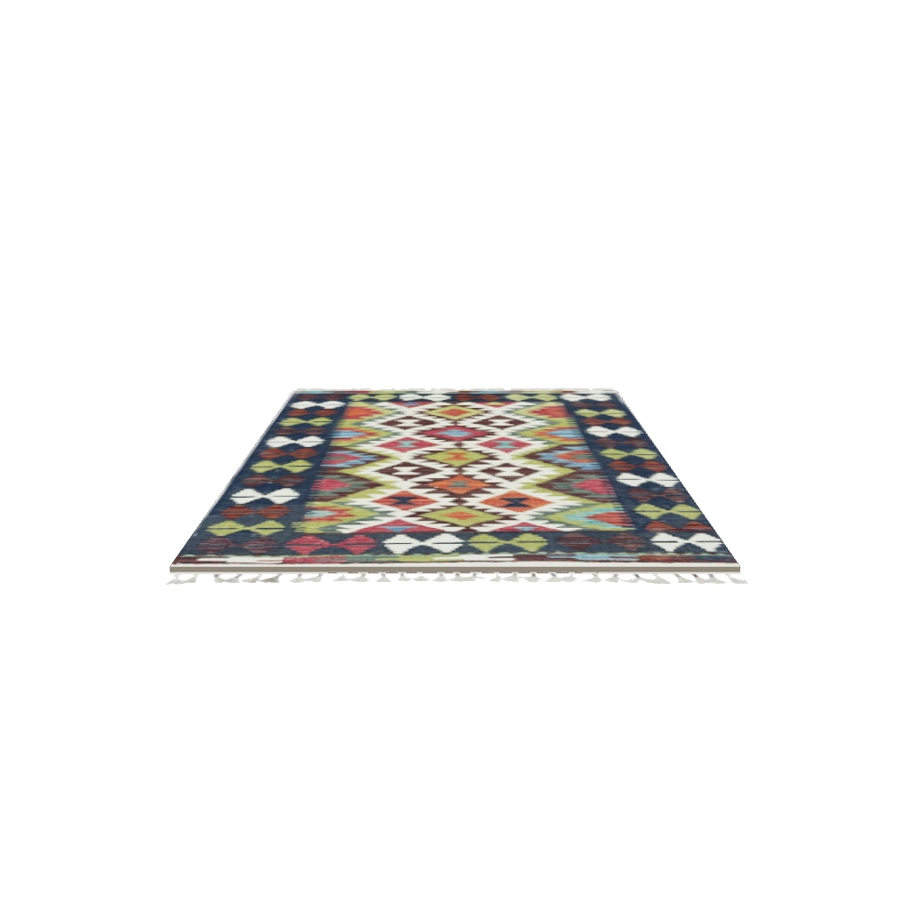 Afghan Kilim Rug 3x4 | Navy, Ivory & Rust | Hand-Woven Wool Flatweave | True-Size 3D Rug | View in Your Room