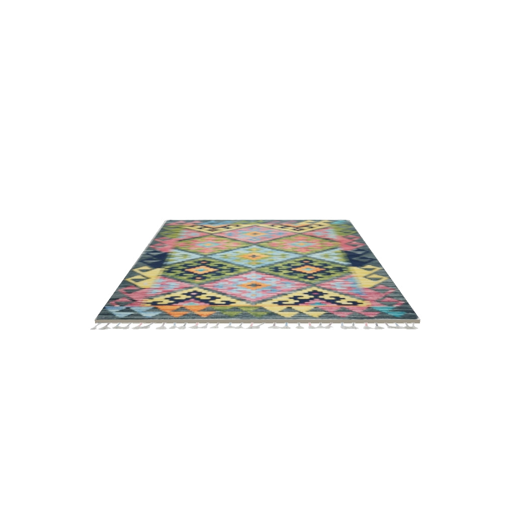 Afghan Kilim Rug 3x4 | Pink, Olive Green & Gold | Hand-Woven Wool Flatweave | True-Size 3D Rug | View in Your Room