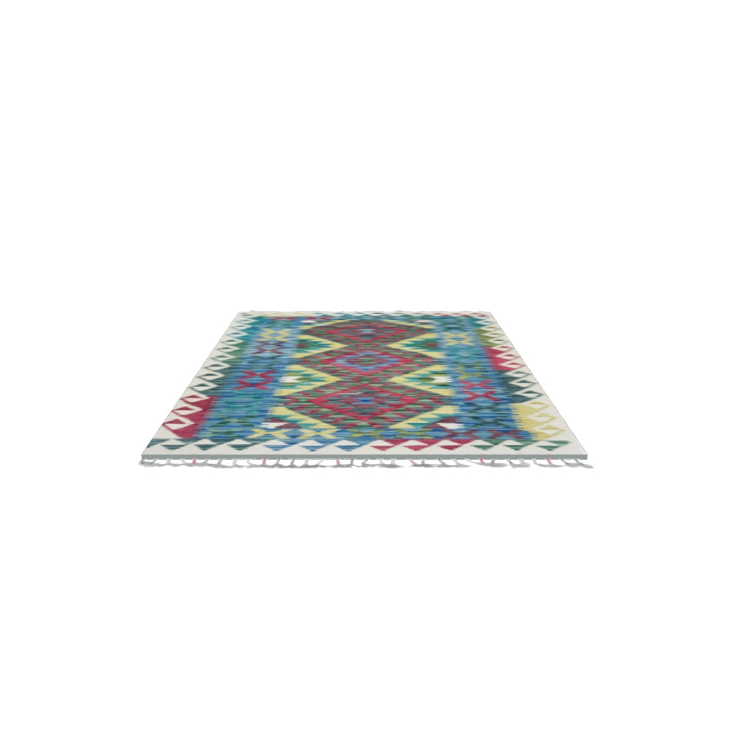 Afghan Kilim Rug 3x4 | Blue, Teal & Ivory | Hand-Woven Wool Flatweave | True-Size 3D Rug | View in Your Room