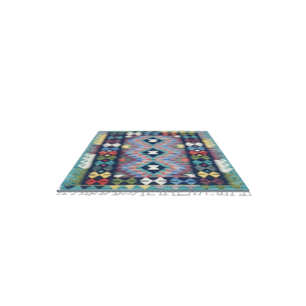 Afghan Kilim Rug 3x4 | Navy, Teal & Blue | Hand-Woven Wool Flatweave | True-Size 3D Rug | View in Your Room