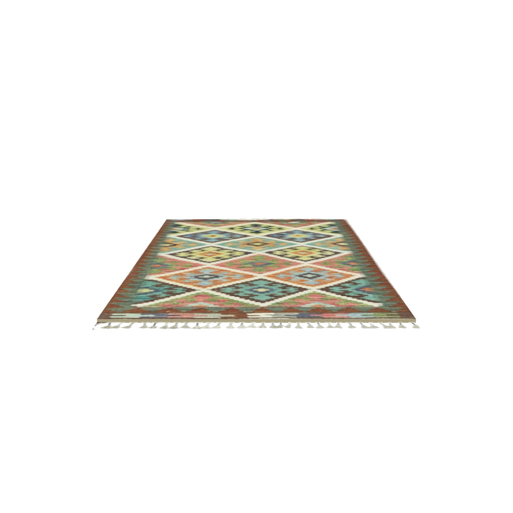 Afghan Kilim Rug 3x4 | Rust, Olive Green & Teal | Hand-Woven Wool Flatweave | True-Size 3D Rug | View in Your Room