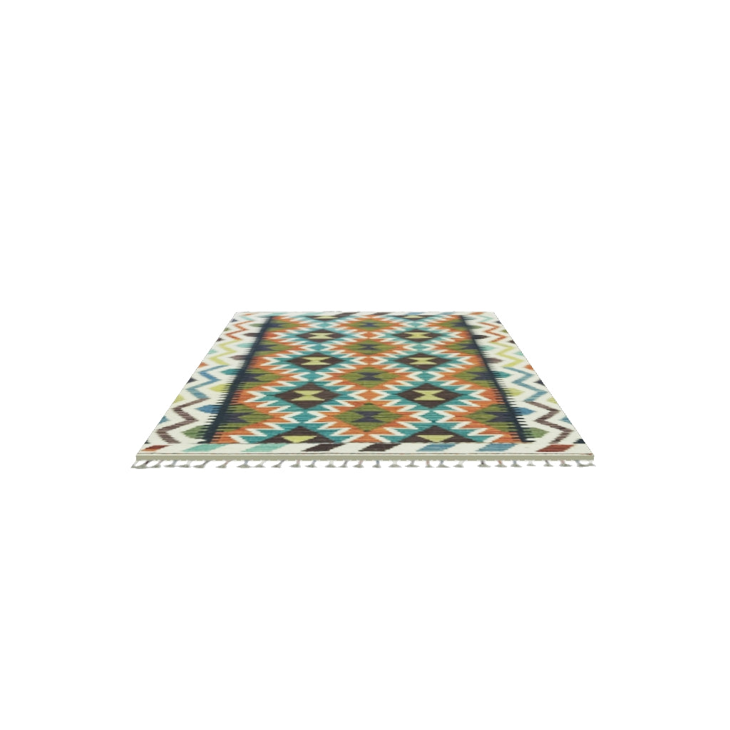 Afghan Kilim Rug 3x4 | Navy, Rust & Teal | Hand-Woven Wool Flatweave | True-Size 3D Rug | View in Your Room
