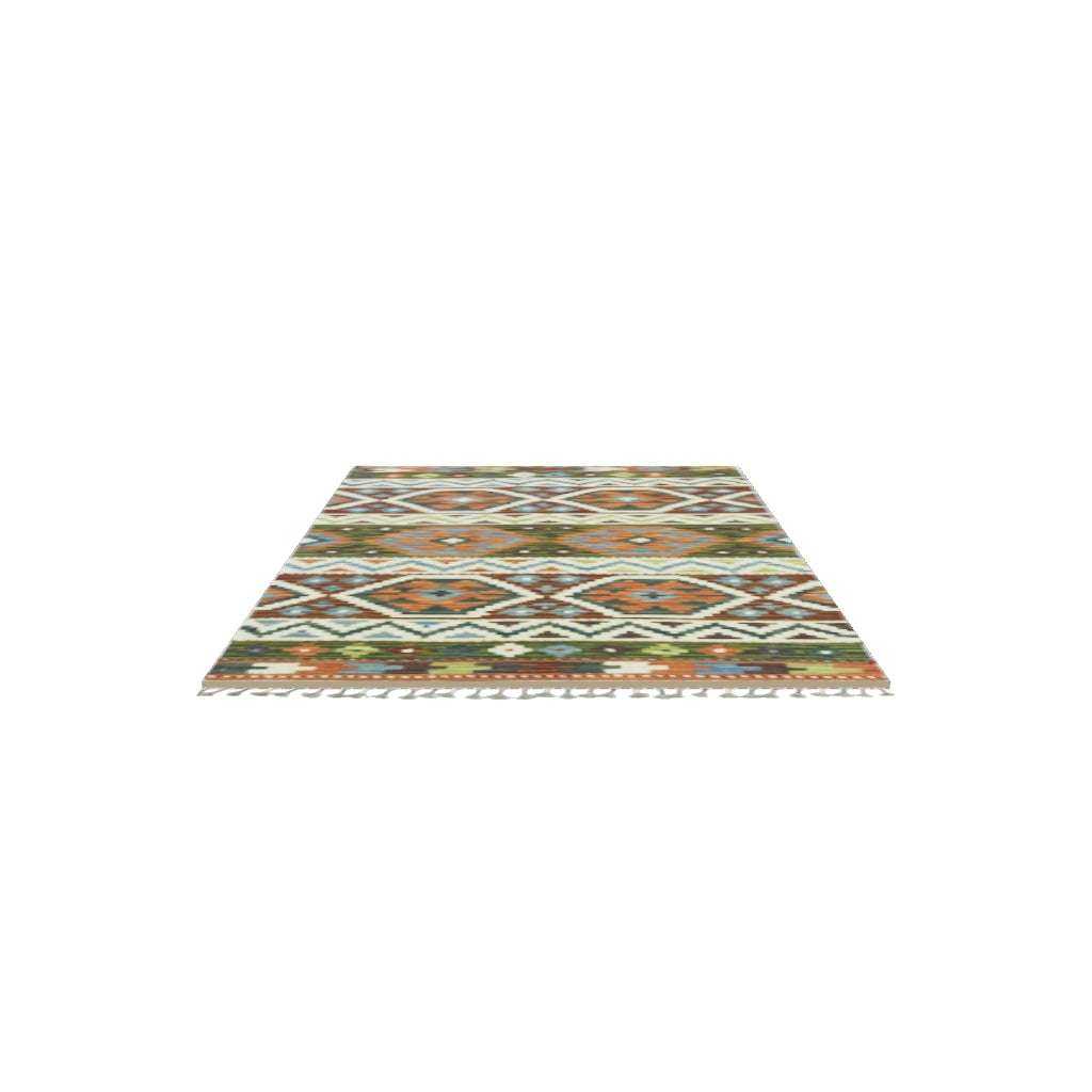 Afghan Kilim Rug 3x4 | Rust, Olive Green & Ivory | Striped Wool Flatweave | True-Size 3D Rug | View in Your Room
