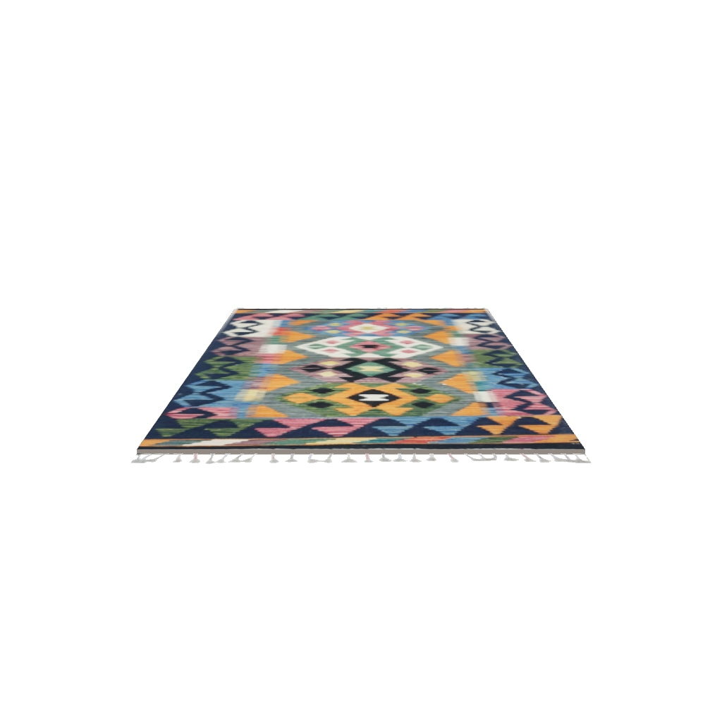 Afghan Kilim Rug 3x4 | Navy, Orange & Gray | Hand-Woven Wool Flatweave | True-Size 3D Rug | View in Your Room