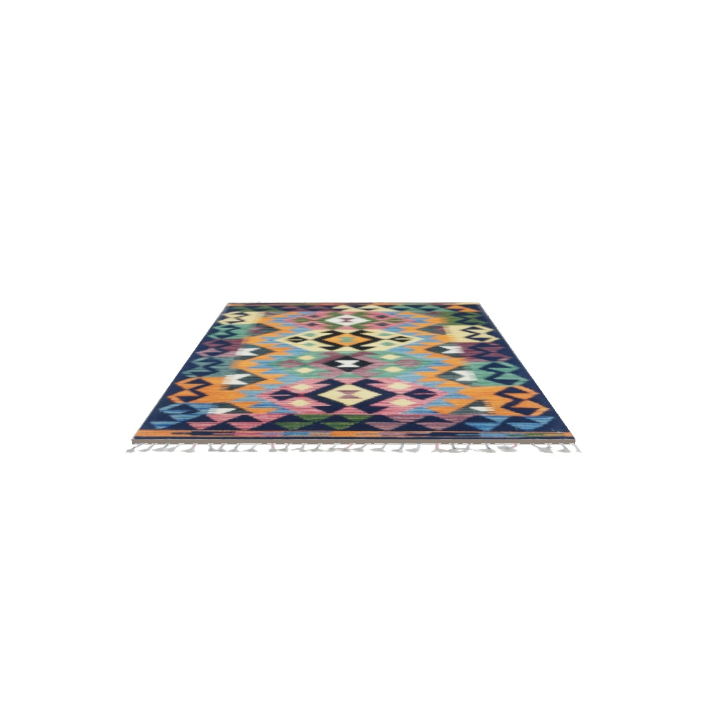Afghan Kilim Rug 3x4 | Navy, Orange & Pink | Hand-Woven Wool Flatweave | True-Size 3D Rug | View in Your Room