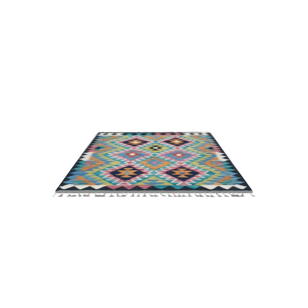 Afghan Kilim Rug 3x4 | Teal, Navy & Pink | Hand-Woven Wool Flatweave | True-Size 3D Rug | View in Your Room