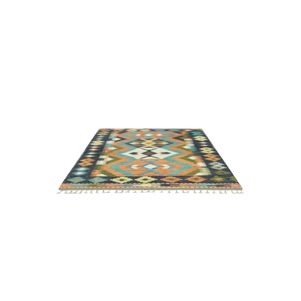 Afghan Kilim Rug 3x4 | Rust, Navy & Teal | Hand-Woven Wool Flatweave | True-Size 3D Rug | View in Your Room