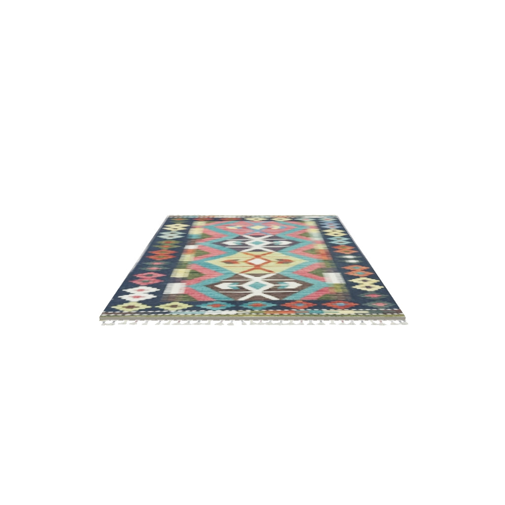 Afghan Kilim Rug 3x4 | Navy, Pink & Teal | Hand-Woven Wool Flatweave | True-Size 3D Rug | View in Your Room