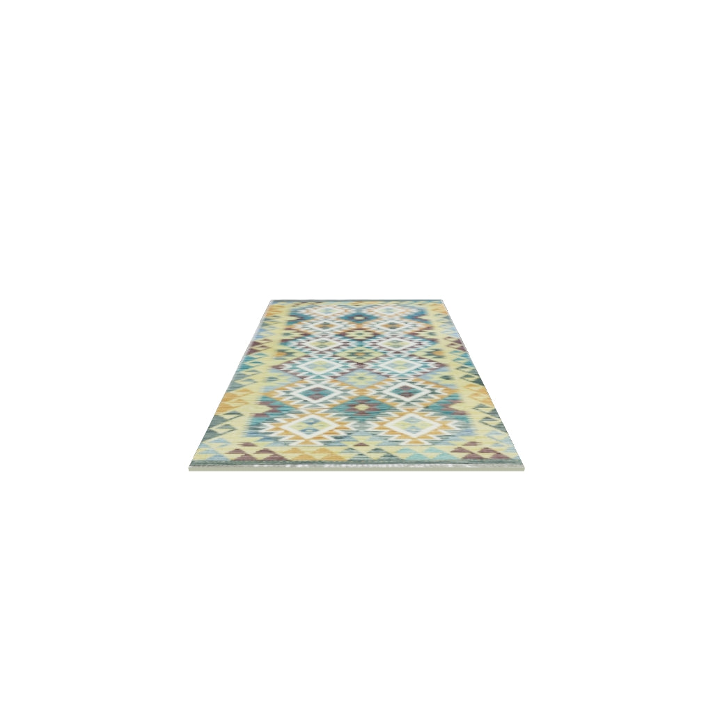 Afghan Kilim Runner 3x7 | Olive Green, Blue & Teal | Hand-Woven Wool Flatweave | True-Size 3D Rug | View in Your Room