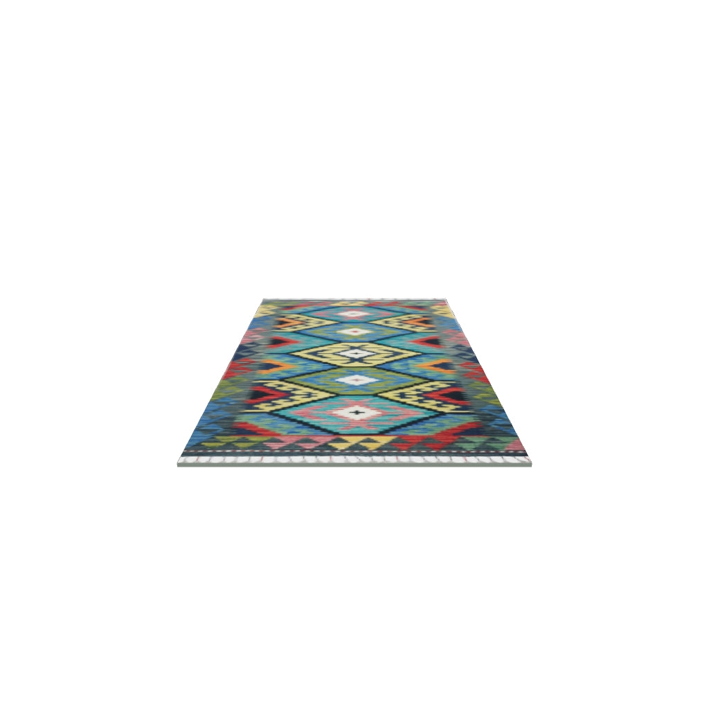 Afghan Kilim Runner 3x6 | Teal, Olive Green & Gold | Hand-Woven Wool Flatweave | True-Size 3D Rug | View in Your Room