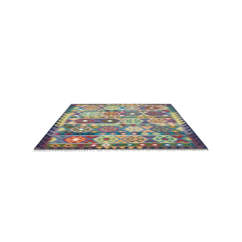 Afghan Kilim Rug 5x7 | Navy, Orange & Olive Green | Hand-Woven Wool Flatweave | True-Size 3D Rug | View in Your Room