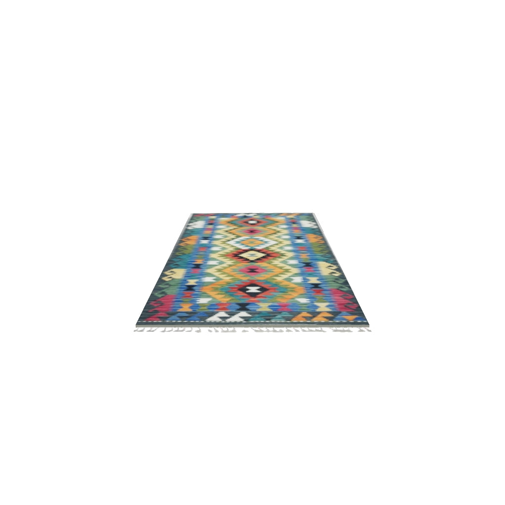 Afghan Kilim Runner 3x6 | Green, Orange & Teal | Hand-Woven Wool Flatweave | True-Size 3D Rug | View in Your Room