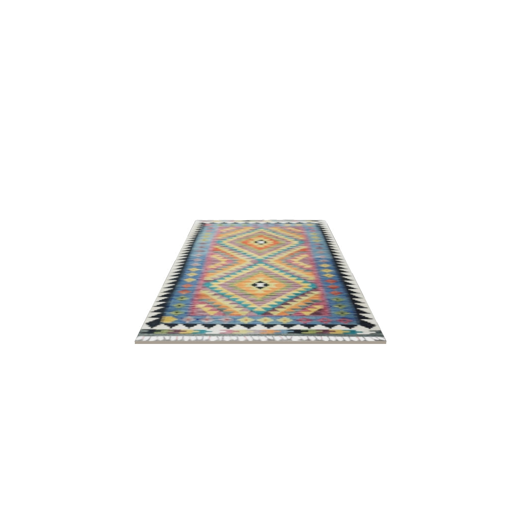 Afghan Kilim Runner 3x6 | Blue, Orange & Gold | Hand-Woven Wool Flatweave | True-Size 3D Rug | View in Your Room