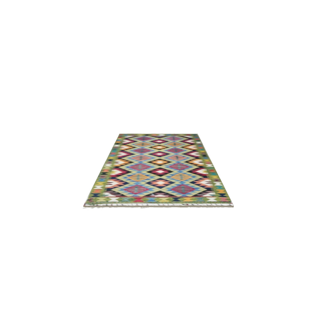 Afghan Kilim Runner 3x6 | Olive Green, Black & Pink | Diamond Lattice Wool Flatweave | True-Size 3D Rug | View in Your Room