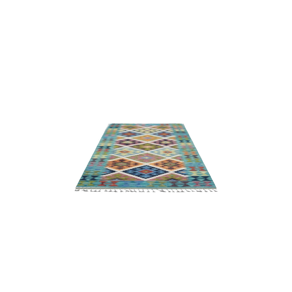 Afghan Kilim Runner 3x6 | Teal, Olive Green & Orange | Hand-Woven Wool Flatweave | True-Size 3D Rug | View in Your Room