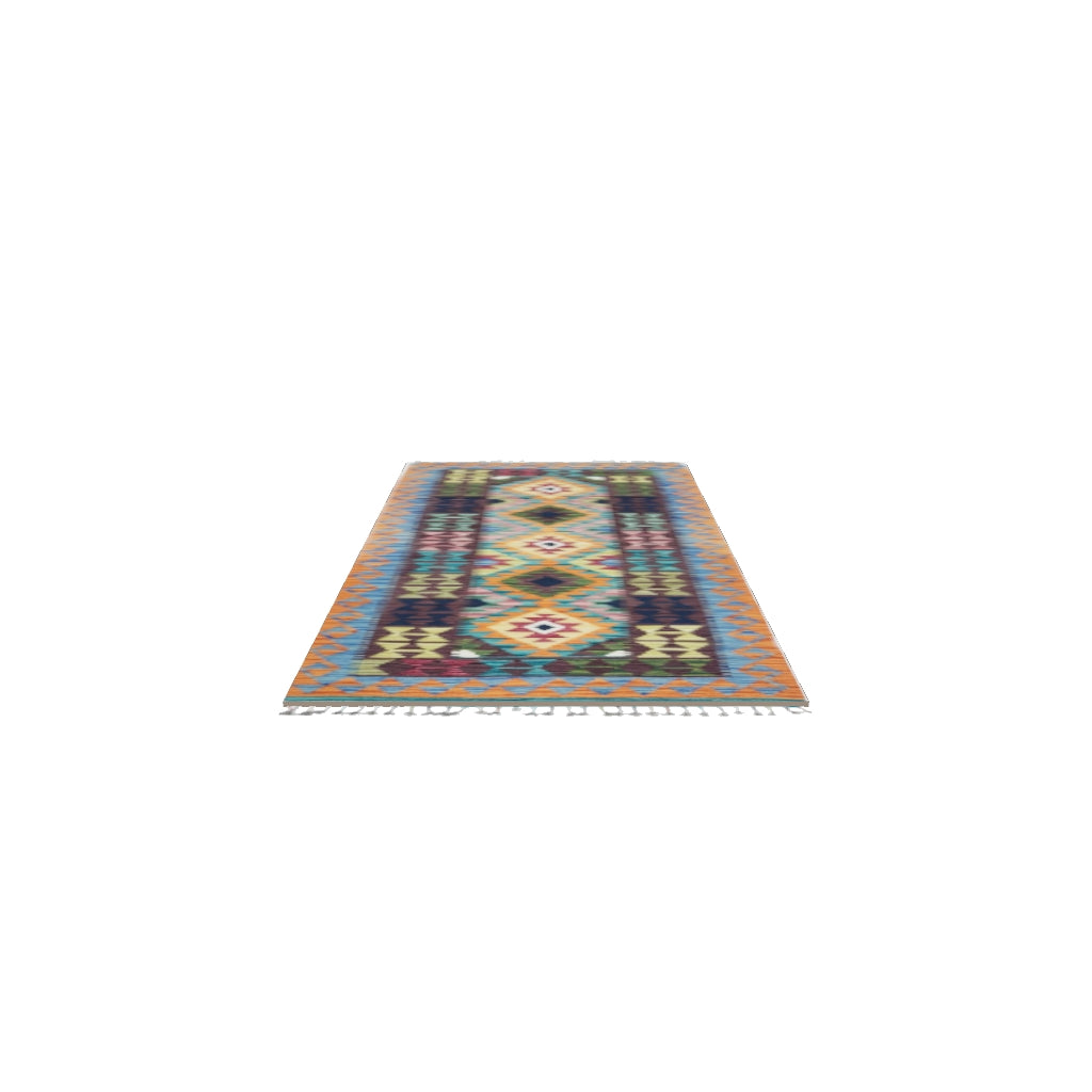 Afghan Kilim Runner 3x6 | Orange, Navy & Teal | Hand-Woven Wool Flatweave | True-Size 3D Rug | View in Your Room