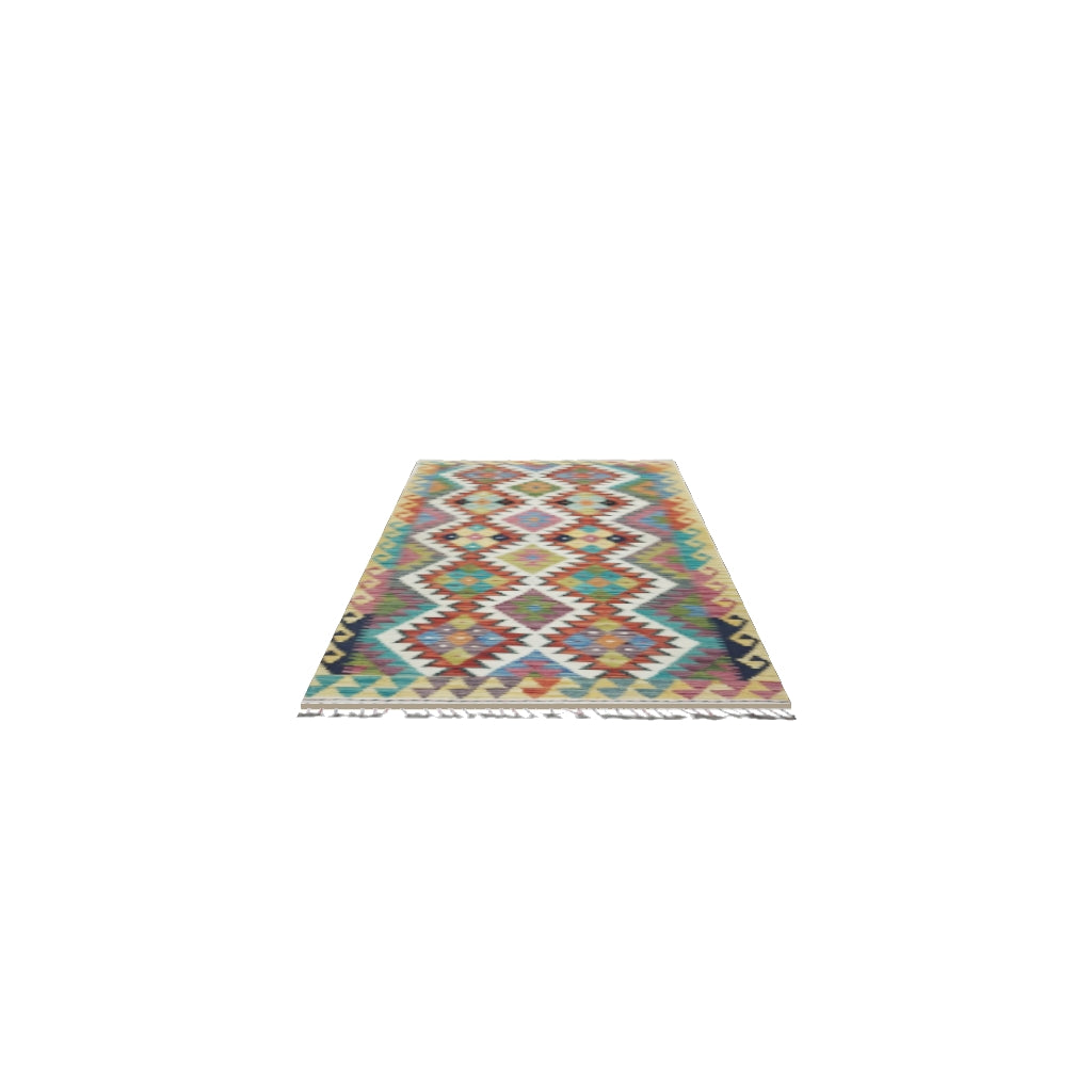Afghan Kilim Runner 3x7 | Rust, Ivory & Gold | Hand-Woven Wool Flatweave | True-Size 3D Rug | View in Your Room
