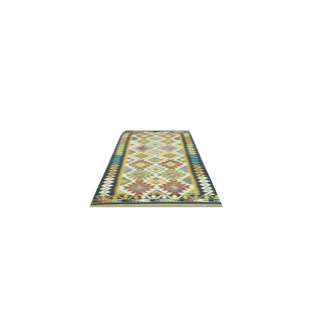 Afghan Kilim Runner 3x8 | Navy, Olive Green & Rust | Hand-Woven Wool Flatweave | True-Size 3D Rug | View in Your Room