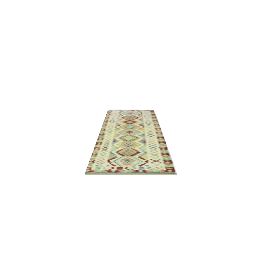 Afghan Kilim Runner 3x10 | Ivory, Green & Red | Hand-Woven Wool Flatweave | True-Size 3D Rug | View in Your Room
