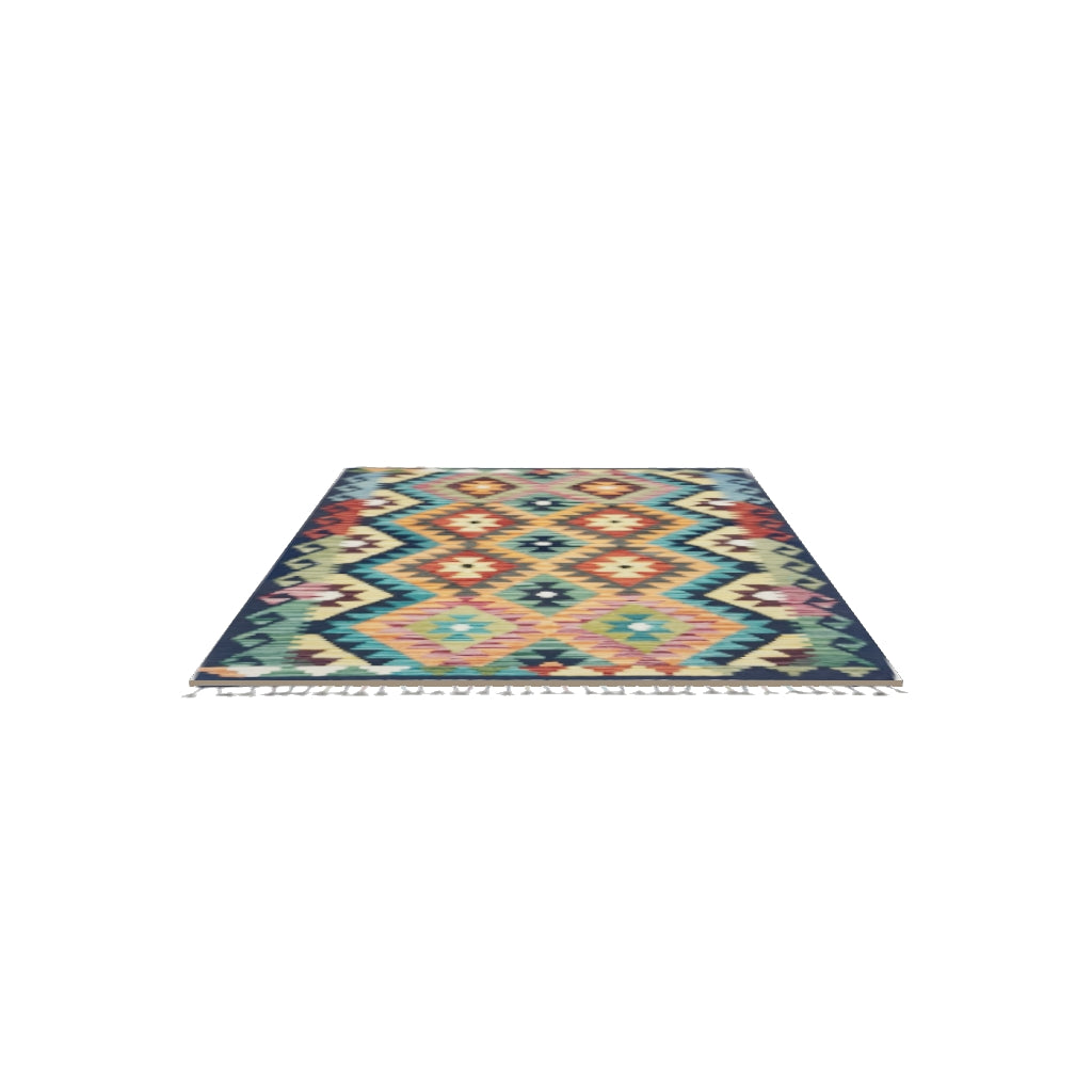 Afghan Kilim Rug 3x5 | Orange, Navy & Teal | Hand-Woven Wool Flatweave | True-Size 3D Rug | View in Your Room