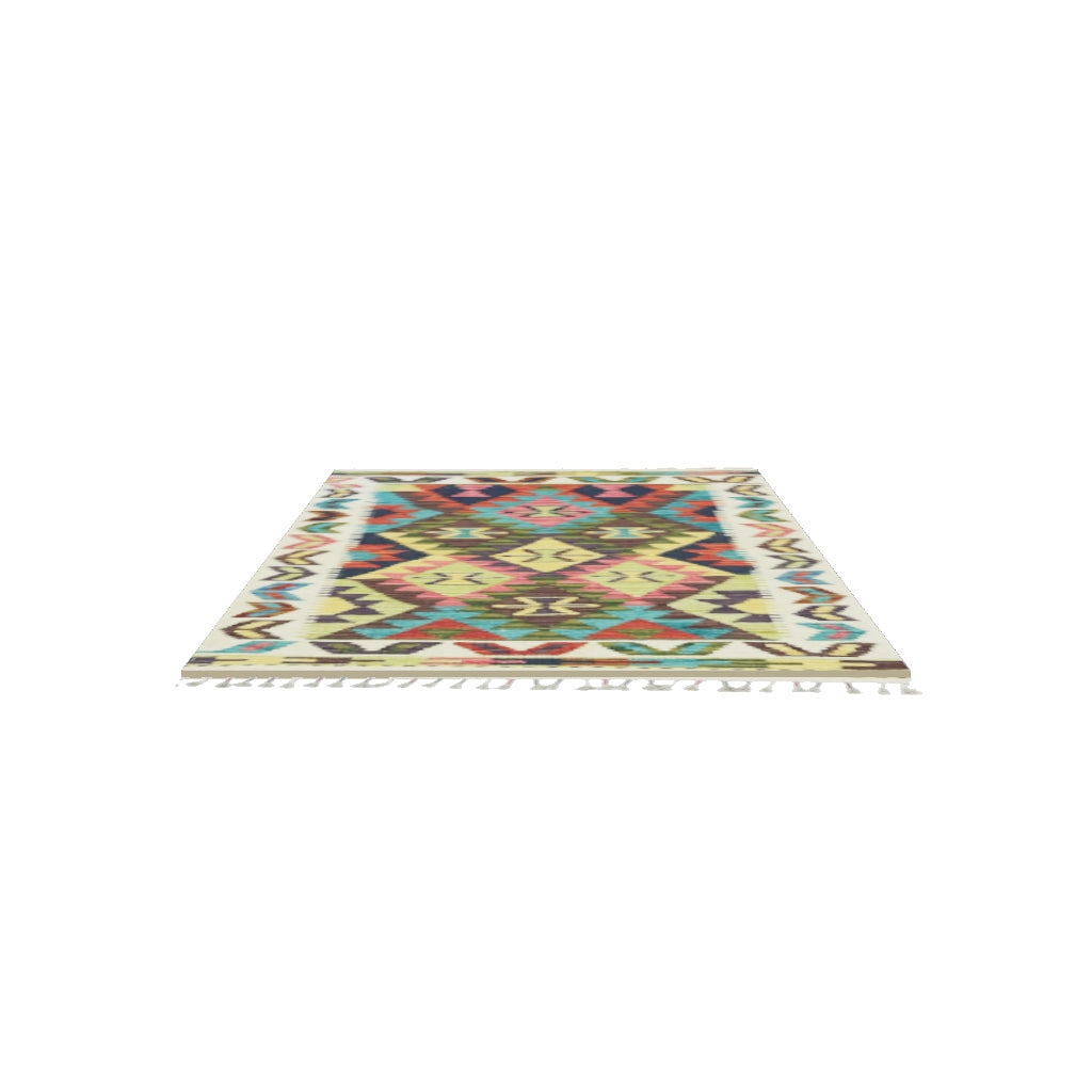 Afghan Kilim Rug 3x4 | Ivory, Brown & Olive Green | Hand-Woven Wool Flatweave | True-Size 3D Rug | View in Your Room