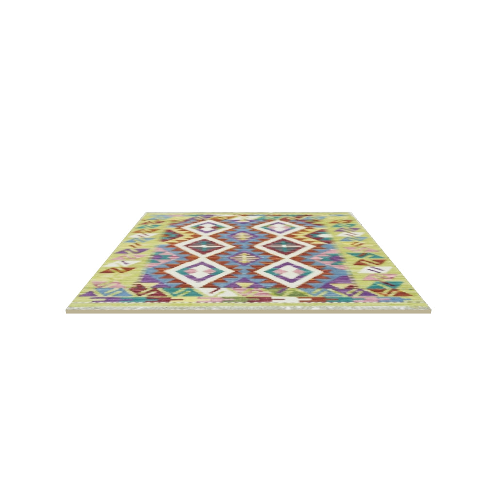 Afghan Kilim Rug 3x4 | Olive Green, Rust & Blue | Hand-Woven Wool Flatweave | True-Size 3D Rug | View in Your Room