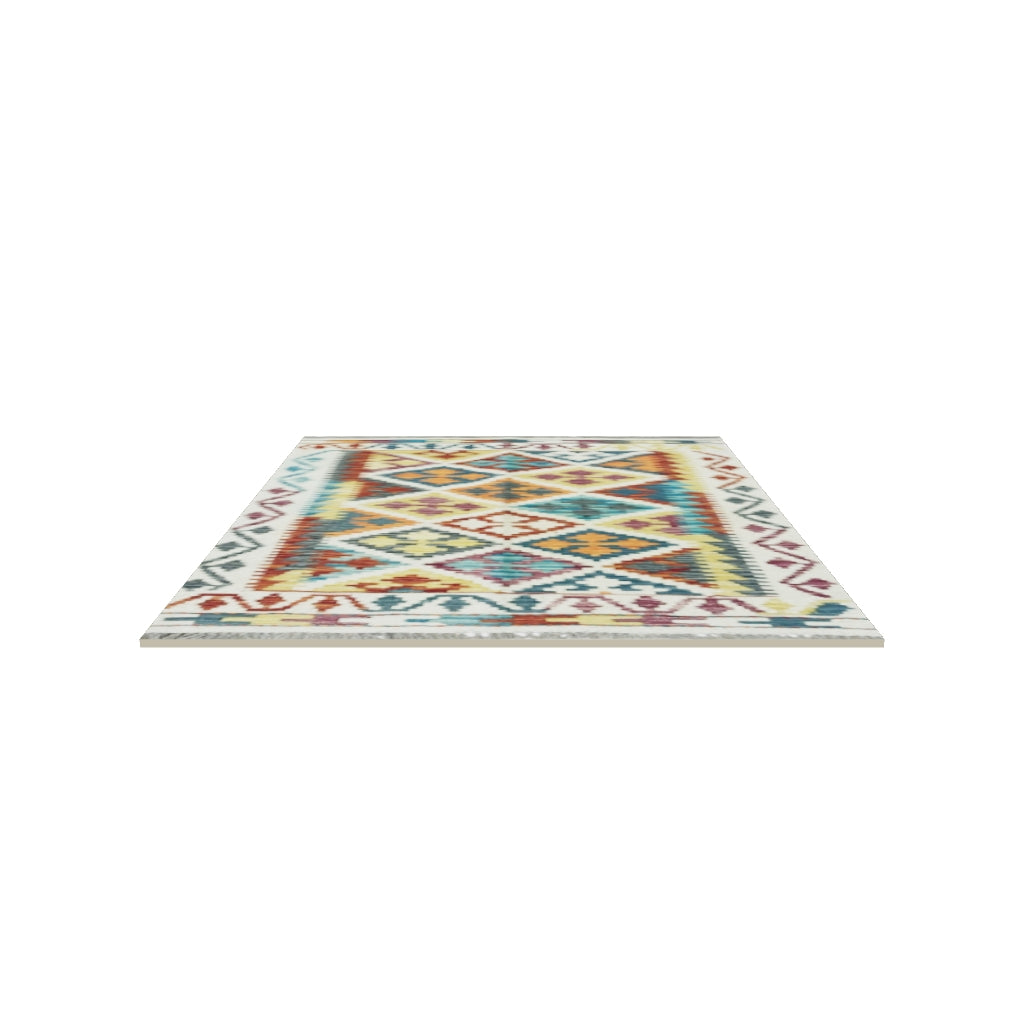 Afghan Kilim Rug 3x4 | Ivory, Rust & Teal | Hand-Woven Wool Flatweave | True-Size 3D Rug | View in Your Room