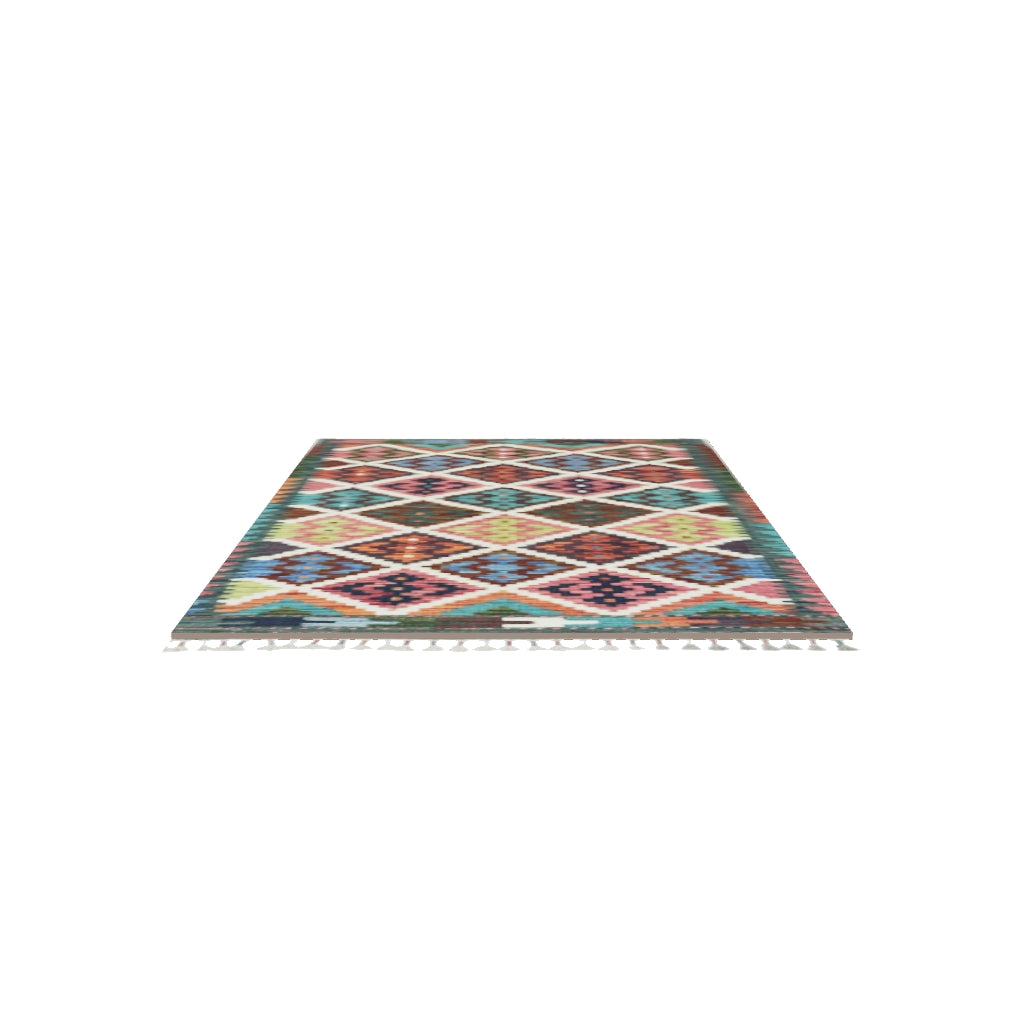 Afghan Kilim Rug 3x4 | Brown, Teal & Ivory | Diamond Lattice Wool Flatweave | True-Size 3D Rug | View in Your Room