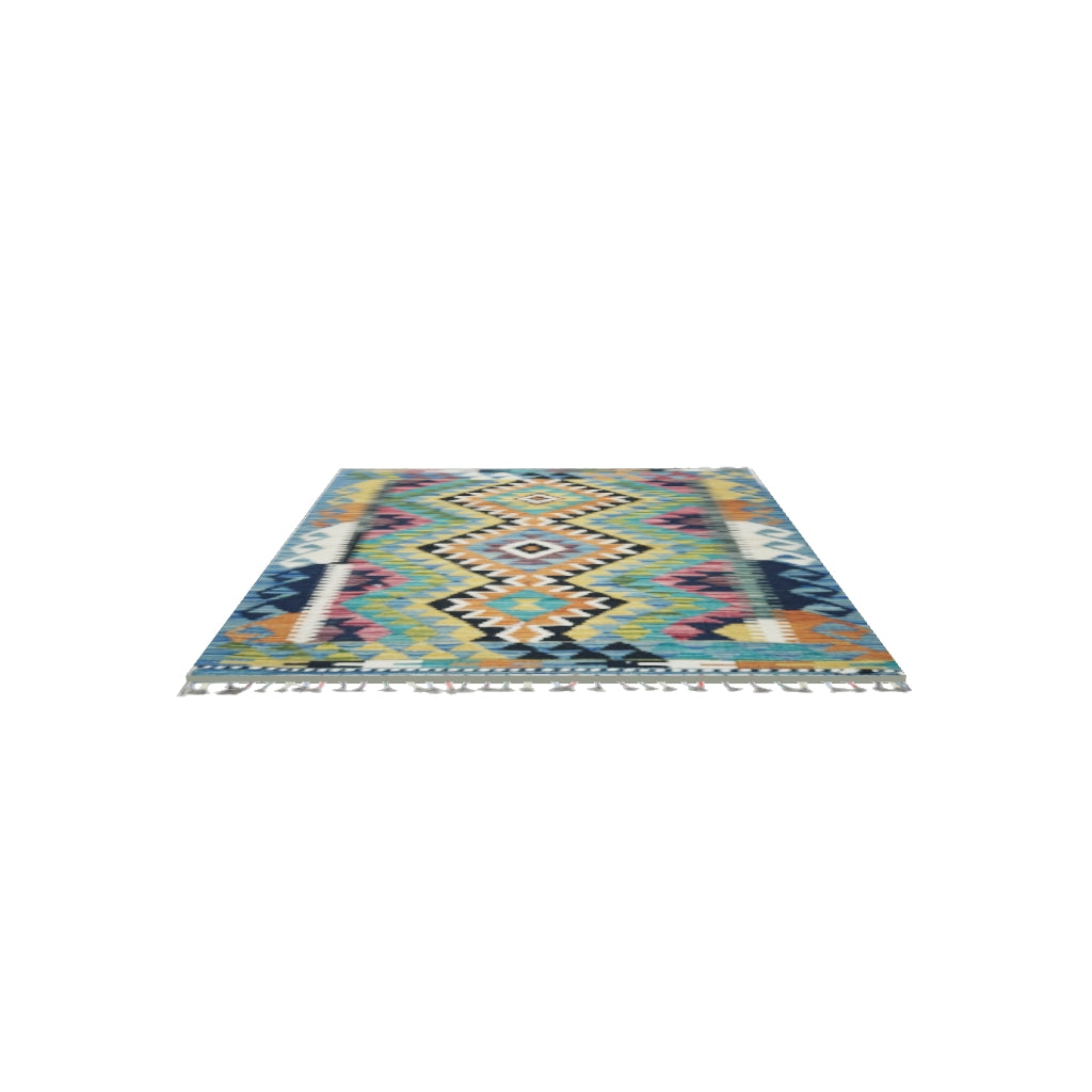 Afghan Kilim Rug 3x4 | Teal, Olive Green & Orange | Hand-Woven Wool Flatweave | True-Size 3D Rug | View in Your Room