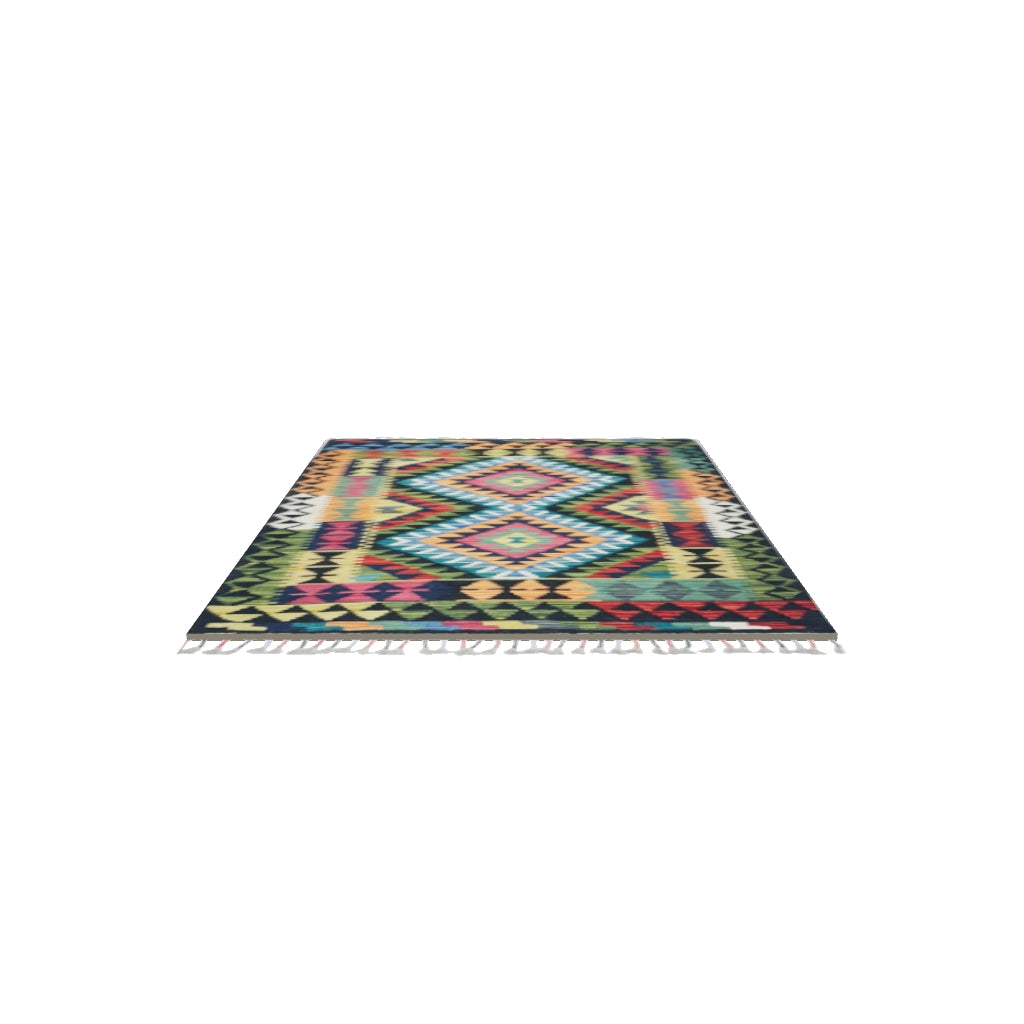 Afghan Kilim Rug 3x4 | Black, Olive Green & Orange | Hand-Woven Wool Flatweave | True-Size 3D Rug | View in Your Room