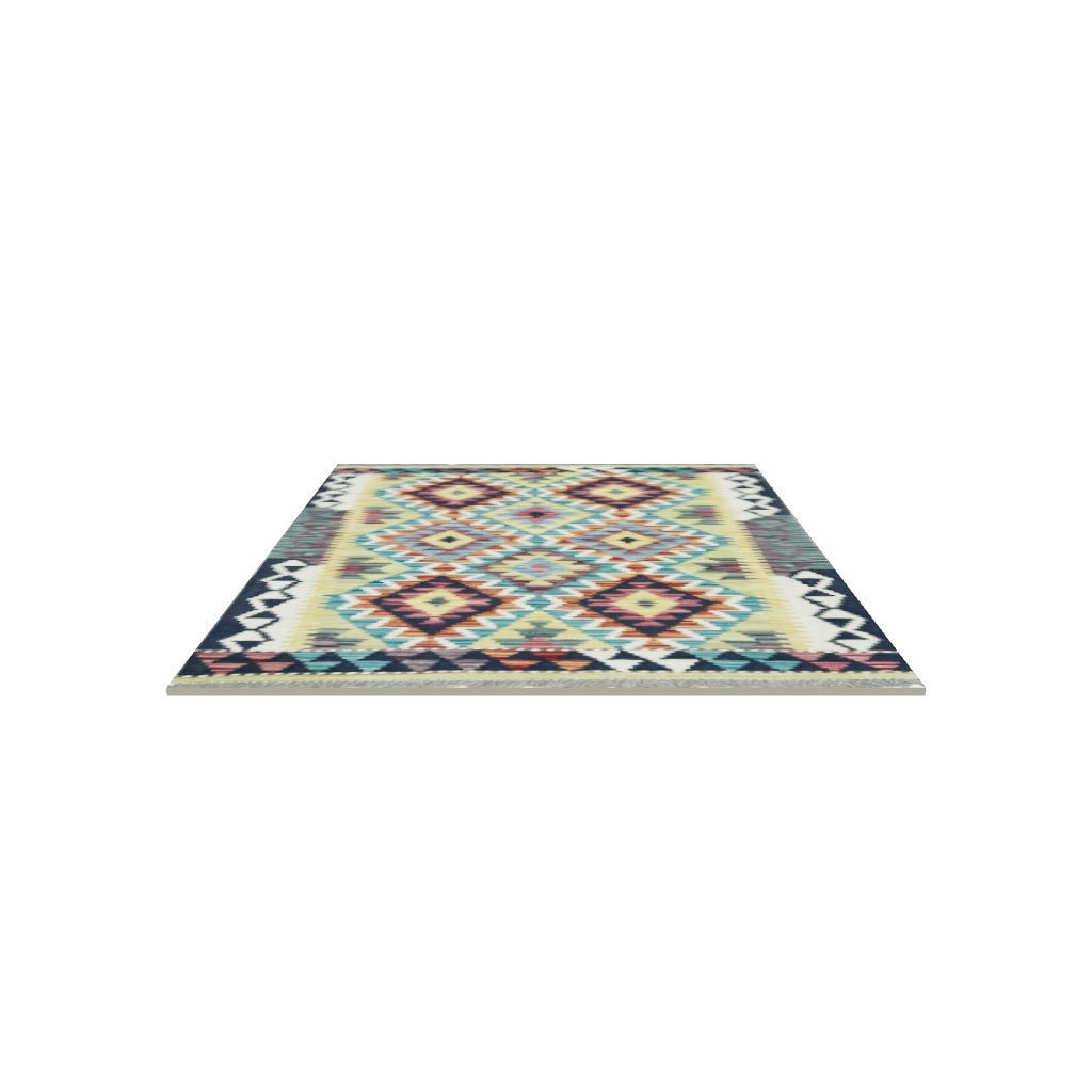 Afghan Kilim Rug 3x4 | Olive Green, Navy & Purple | Hand-Woven Wool Flatweave | True-Size 3D Rug | View in Your Room