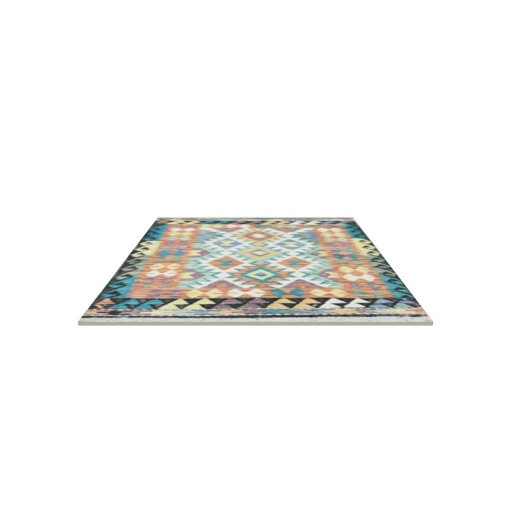 Afghan Kilim Rug 3x4 | Teal, Rust & Ivory | Diamond Medallion Wool Flatweave | Gold Accents | True-Size 3D Rug | View in Your Room
