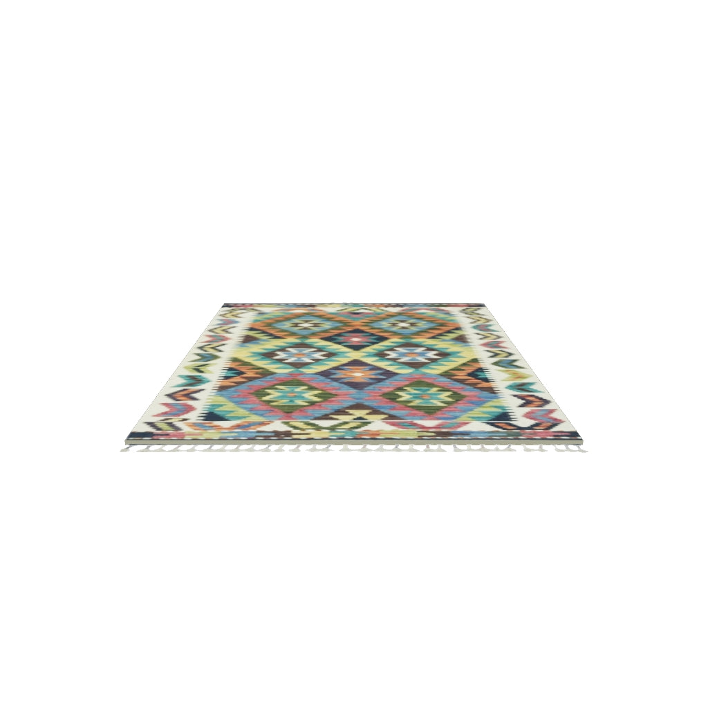 Afghan Kilim Rug 3x4 | Ivory, Teal & Navy | Diamond Lattice Wool Flatweave | True-Size 3D Rug | View in Your Room