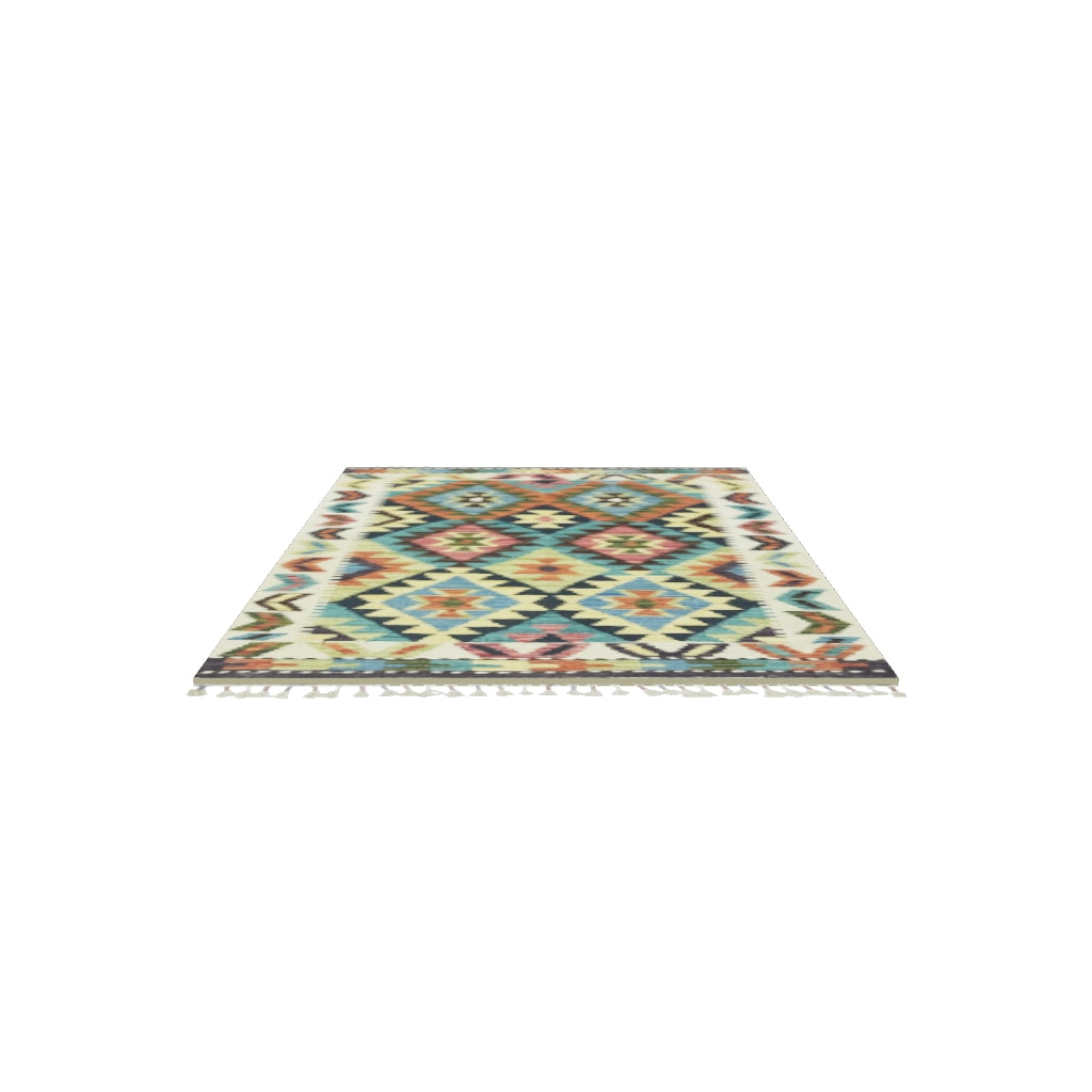 Afghan Kilim Rug 3x4 | Ivory, Teal & Navy | Hand-Woven Wool Flatweave | True-Size 3D Rug | View in Your Room