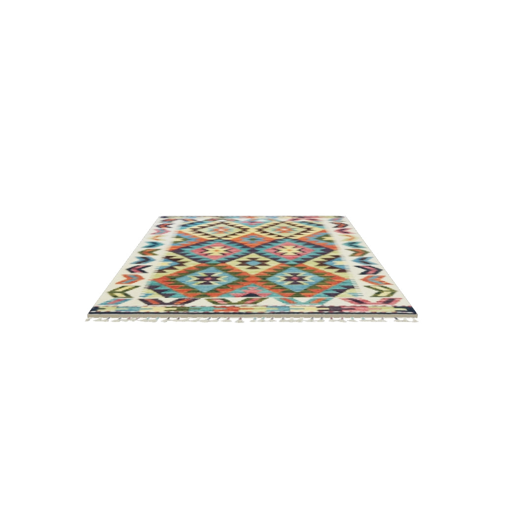 Afghan Kilim Rug 3x4 | Ivory, Teal & Rust | Hand-Woven Wool Flatweave | True-Size 3D Rug | View in Your Room