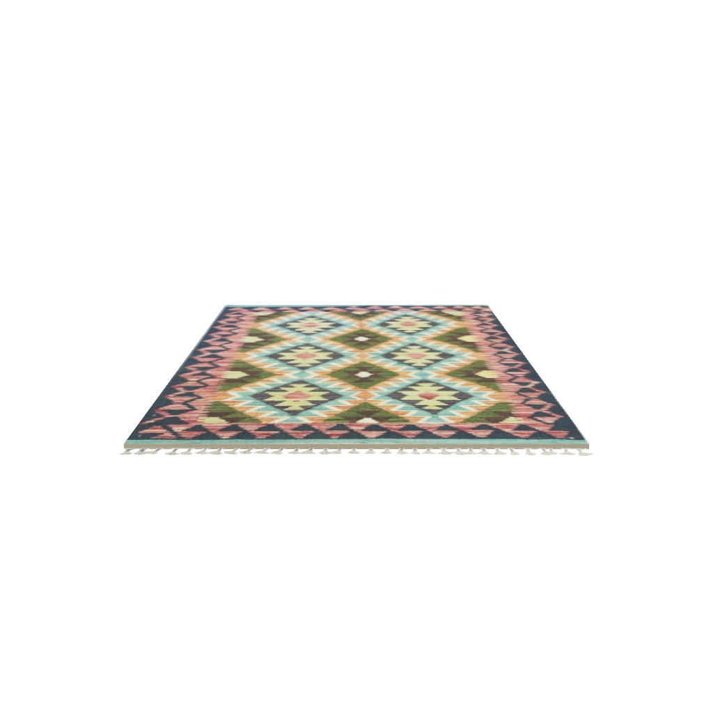 Afghan Kilim Rug 3x4 | Navy, Olive Green & Teal | Hand-Woven Wool Flatweave | True-Size 3D Rug | View in Your Room
