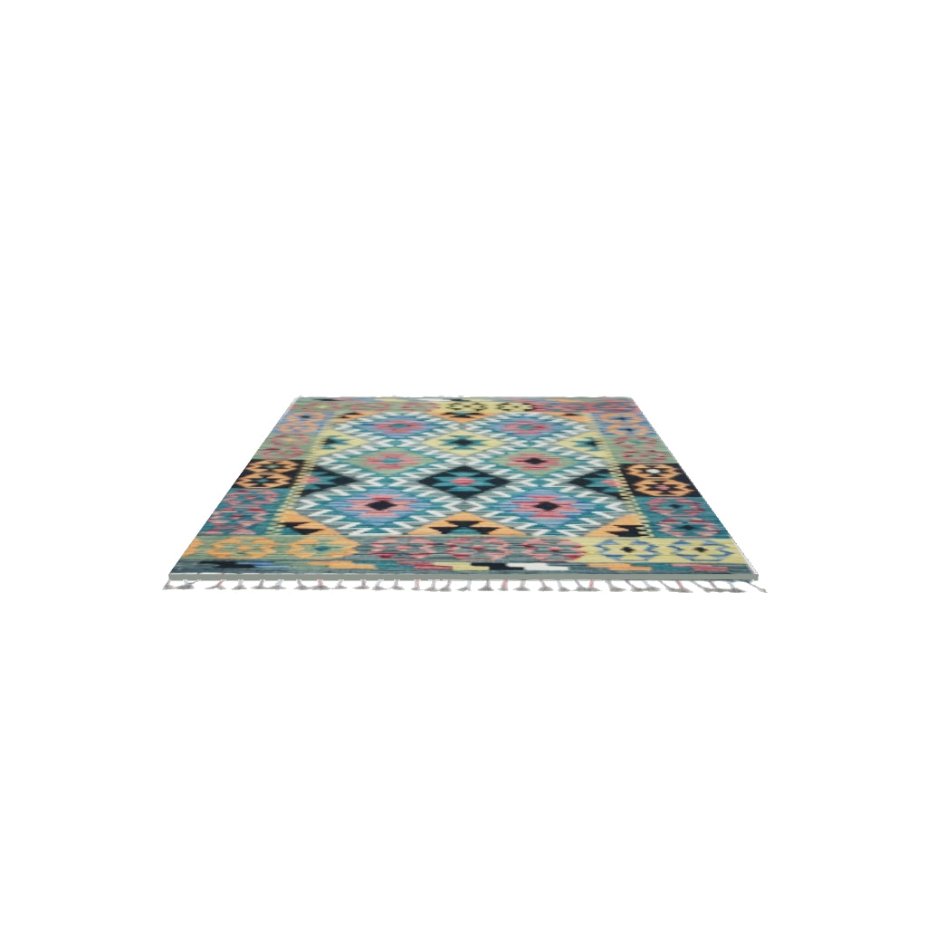 Afghan Kilim Rug 3x4 | Teal, Gray & Yellow | Hand-Woven Wool Flatweave | True-Size 3D Rug | View in Your Room