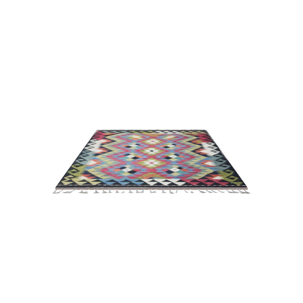 Afghan Kilim Rug 3x4 | Pink, Blue & Olive Green | Hand-Woven Wool Flatweave | True-Size 3D Rug | View in Your Room
